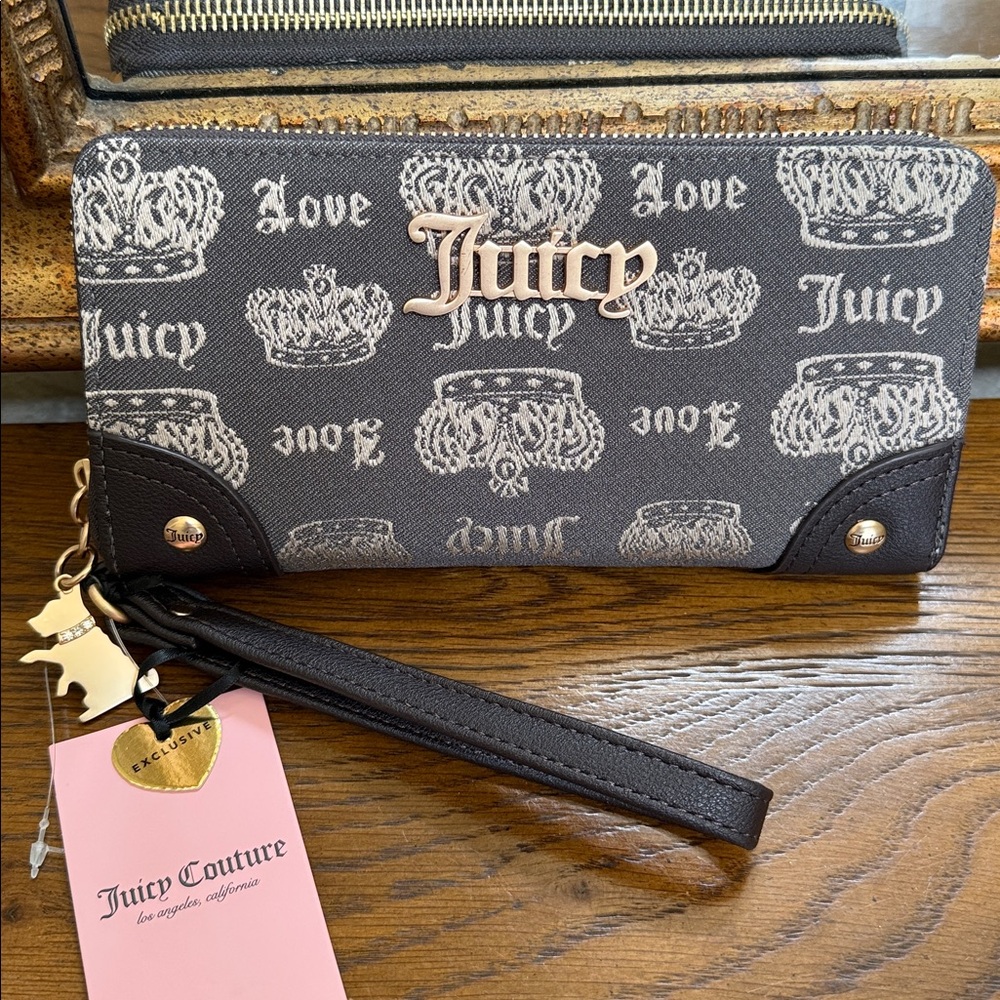 Juicy Couture Love & Crown Logo Wristlet. Zip around. Brown and tan color.